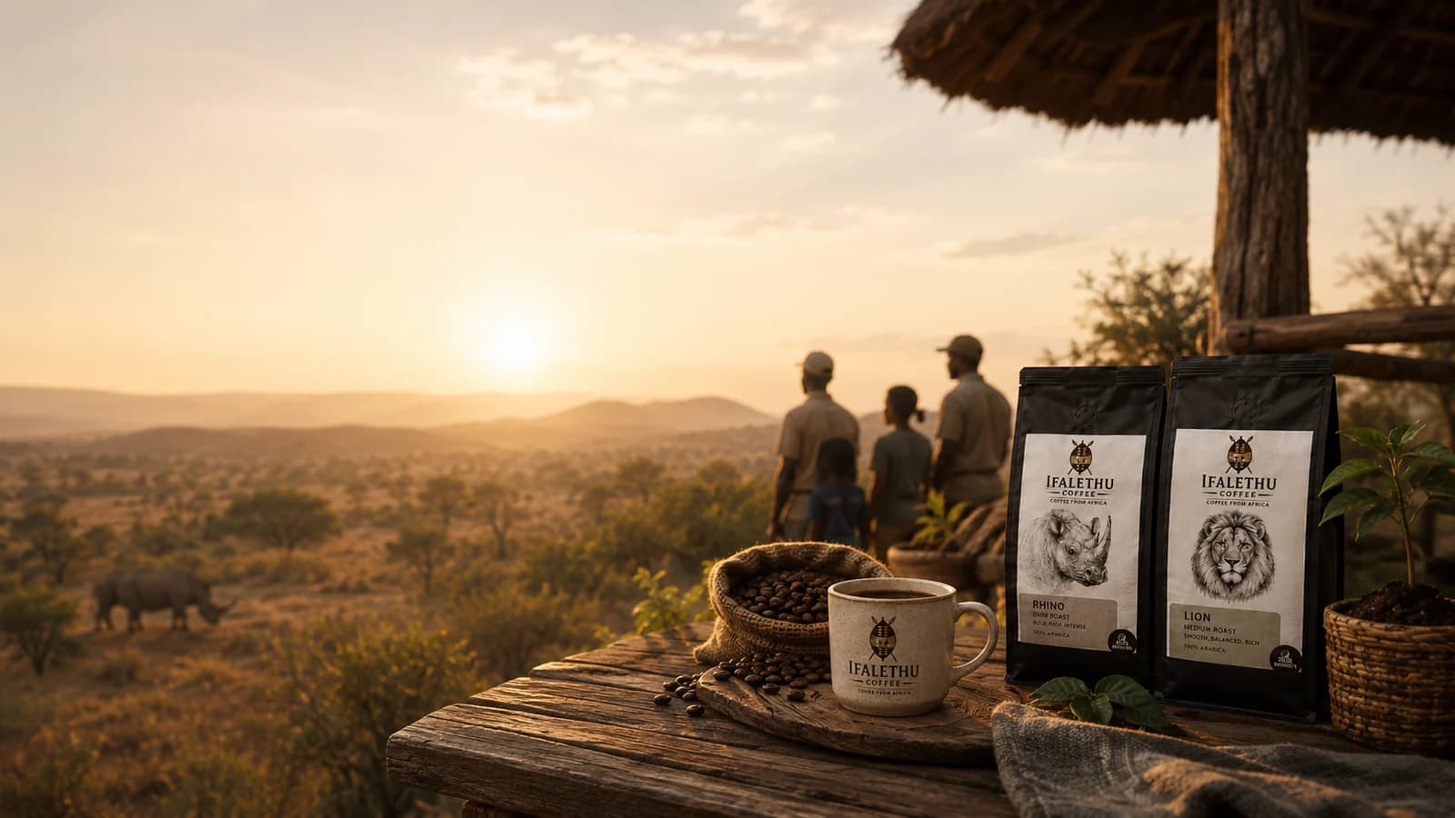 Ifalethu Coffee beside a cup in a bush-inspired setting