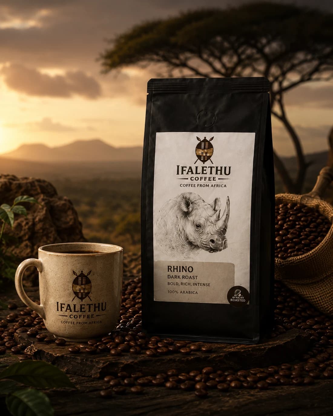 Ifalethu Rhino Dark Roast coffee in a deep espresso-toned campaign setting